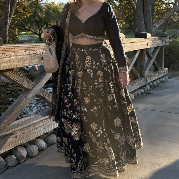 Navy Blue Embroidered Lehenga - custom long sleeves and padding - Picture 2 of 15